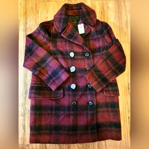 NEW COACH Women's Long Plaid Peacoat Cranberry Wool Size-M "original price 675$